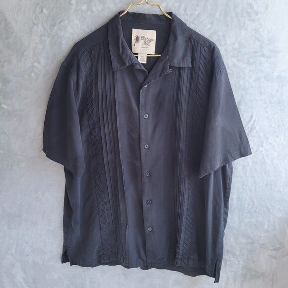 VINTAGE SILK Black Button Down Camp Shirt Size 2X *Tall Pleating Pintuck - Picture 1 of 7